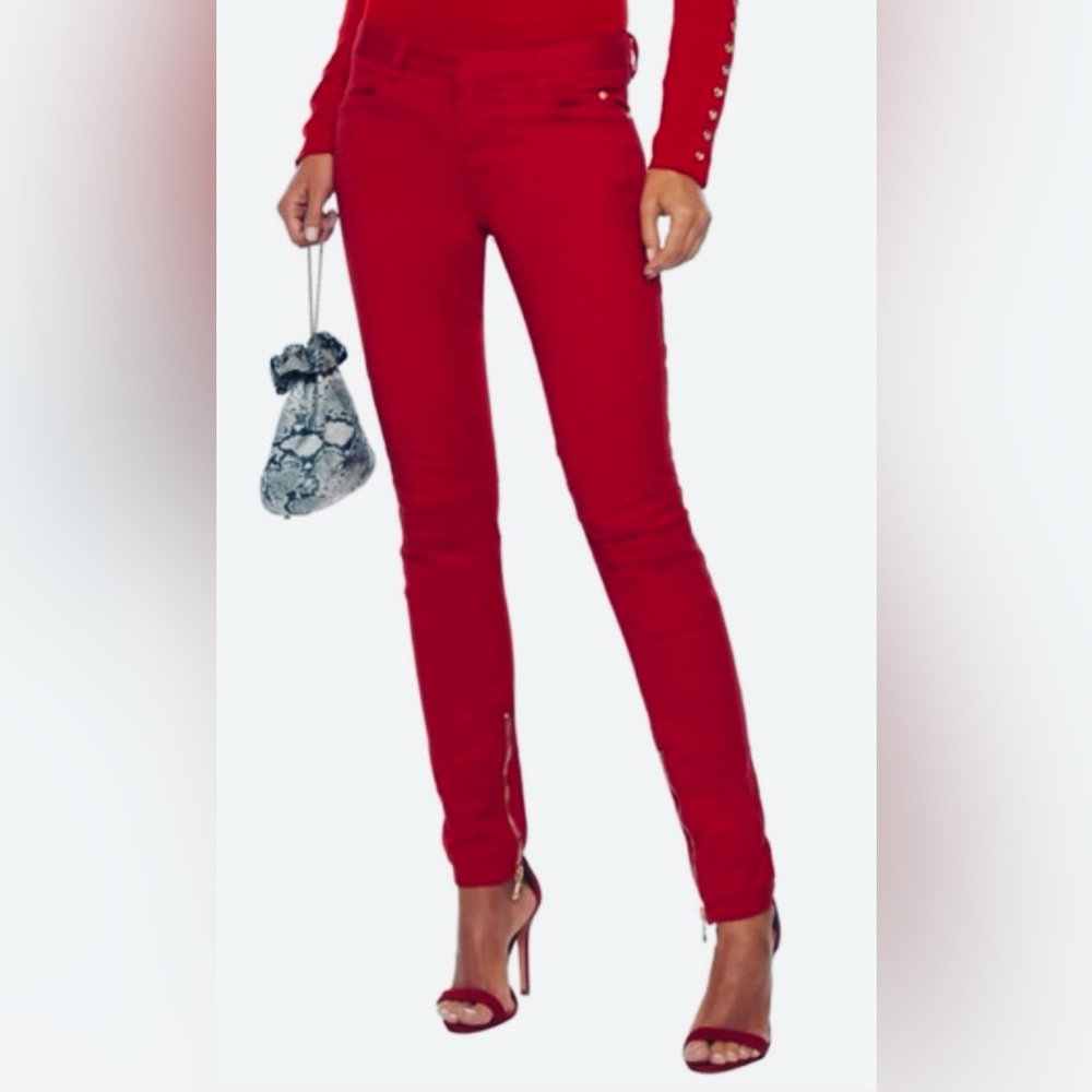 NWT Balmain Crimson Red Moto Skinny Jeans Size 36 EU/4 US